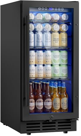 ICEVIVAL 15 Inch Beverage Fridge, 132-Can Capacity Under Counter Refrigerator with Blue LED Display, Beverage Refrigerator with Glass Door & Adjustable Shelves for Home, Bar, Office (Black)