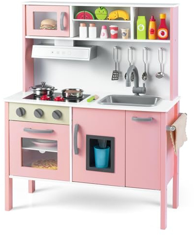 COSTWAY Kids Wooden Kitchen, Pretend Play Kitchen with Sound, Microwave, Oven, Ice Maker, Range Hood, Sink & 18 Accessories, Children Chef Role Playset for Boys Girls Ages 3+ (Light Pink)