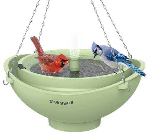 Sheggell Smart Bird Bath, 2L Large Capacity with Water Circulating Filtration, Solar Bird Bath with 3 Fountain Modes, Hanging & Freestanding Design, IPX6 Waterproof, Birdbath for Yard（Light Green）