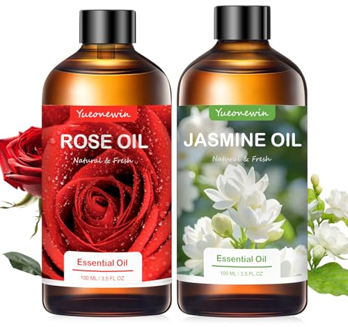 Huile de jasmin + huile de rose, 2x100ml huiles essentielles pour diffuseur | Lot de huiles essentielles pour aromathérapie, massage, fabrication de savon, bougies, bain, spa, cadeaux pour femmes
