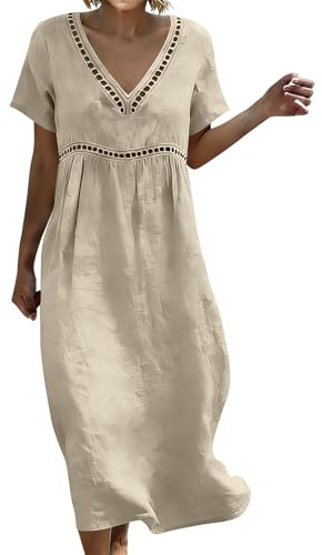 Générique Robe Coton Lin pour Femme Été Fluide Manche 7/8 Chic et Elegant Robes Col V Décontractée Grande Taille Robes Couleur Unie Respirant D'été Boheme de Plage Vacances Maxi Dress