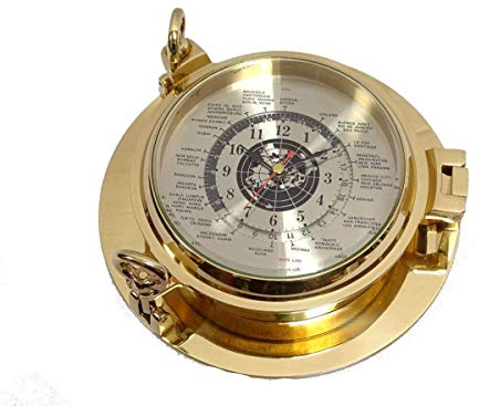 linoows Weltzeituhr, Schiffs- Bullaugen Uhr, Wand-Uhr, Messing poliert Ø 22 cm