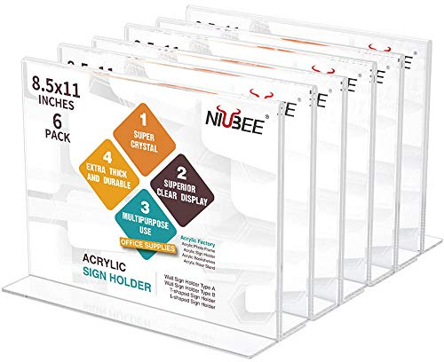 NIUBEE Acrylic Sign Holder 8.5x11 Inches 6 Pack Horizontal, T Shape Double Sided Clear Frames, Plastic Paper Flyer Display Holder, Document Menu Table Stand for Office, Store -Landscape