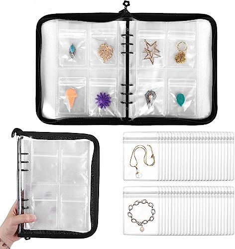 LEMESO Livre de Rangement pour Bijoux avec 80pcs Sac Transparents pour Bijoux, Organisatuer Portable de voyage pour Colliers,Oreilles, Bagues