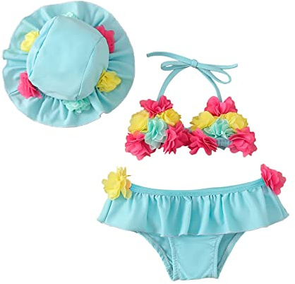 Yccutest Infant Baby Girl Flower Swimsuit 3Pcs Halter Triangle Tops Ruffle Bottoms Sun Hat Bikini Set Bathing Suit Swimwear (Blue,6-12 Months)