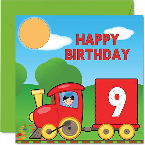 Stuff4 Carte d'anniversaire 9 ans unisexe – Train – Carte d'anniversaire pour fils de 9 ans, fille, frère, sœur, petit-fils, petite-fille, nièce, neveu, cousin, carte d'anniversaire 145 mm x 145 mm