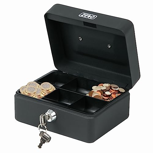 ZENO Cash Box | Money Tin | Steel Metal Money Safe Box | Durable Petty Cash Deposit Tin Holder | With Lock | 6 Compartments Coin Tray | 2 Keys | Black
