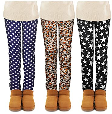 TODDOR Pack de 3 leggings con forro polar para niña, para invierno, cálidos, gruesos, estampados, pantalones de tobillo, pantalones largos, multicolor