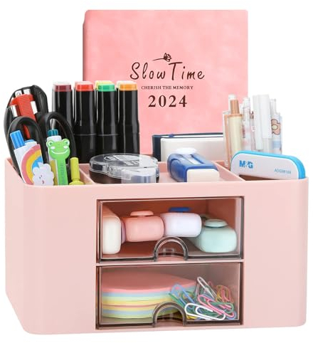 Wlevzzor Creative & Simple Desk Organiser, 7 Grids, Plastic Table Organiser with Drawer, Multifunctional Desk Organiser, Pen Holder for School, Office, Home (Pink)