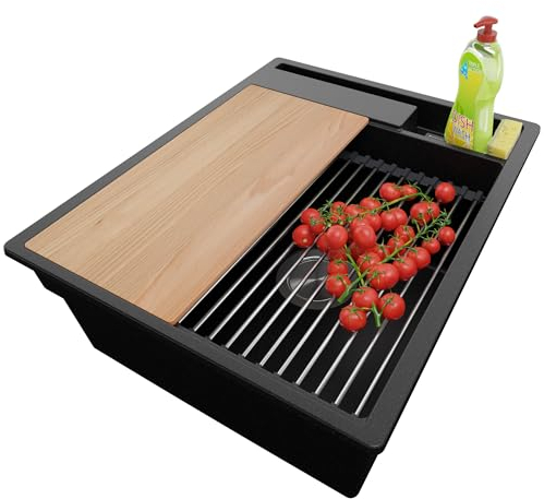 PRIMAGRAN Evier Cuisine en Granit Noir 43x53cm, Lavabo 1 bac + Kit de Vidage + Accessoires, Évier à Encastrer al mueble 45cm - Oslo Pocket S056