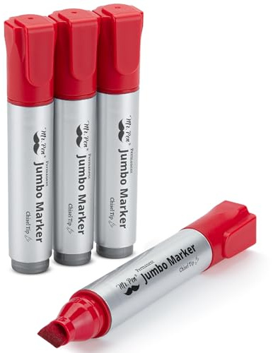 Mr. Pen- Jumbo Permanent Markers, 4 Pack, Red, Chisel Tip, Wide Tip, Large, Thick Permanent Markers for Canvas, Posters Board, Fabric, Window, Glass, Wood, Waterproof, Quick Dry