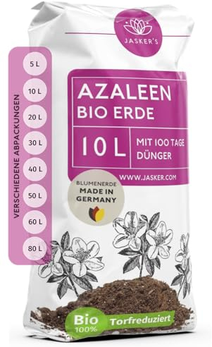 Bio Azaleenerde 10 L - Saure Erde mit 20% weniger Torf für Moorbeetpflanzen - Erde für Pflanzen mit Dünger - Moorbeeterde - Pflanzenerde mit saurem PH-Wert für Azaleen und Erika (Calluna)