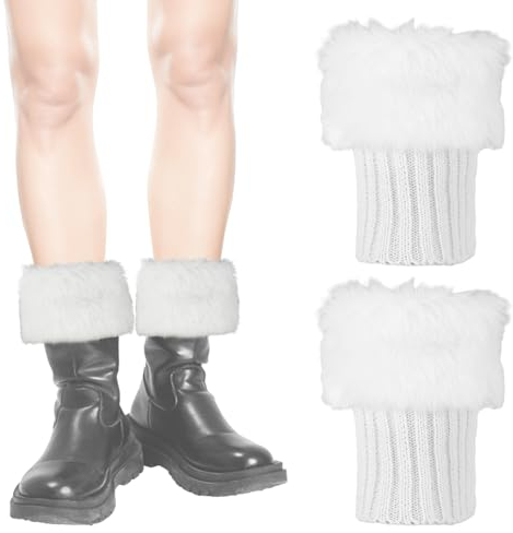 PEUTIER Flauschige Beinwärmer, 18cm Kurz Beinwärmer Flauschig Stiefelmanschetten mit Kunstfellbesatz Gestrickt Stiefelüberzüge Socken Winter Plüsch-Beinstulpen für Damen Mädchen (Weiß)
