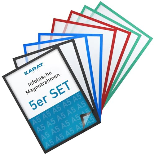 KARAT Juego de 5 marcos magnéticos DIN A5 para dibujos infantiles, soporte para documentos, bolsillo para información, marco magnético para carteles de oferta, soporte para hojas, bolsillo para