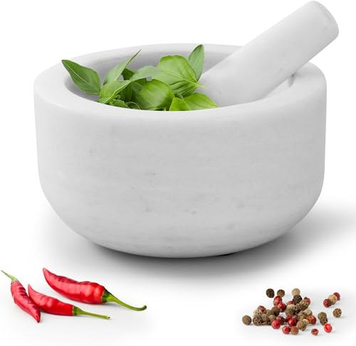Navaris Mortaio con Pestello Marmo Bianco - Macina Spezie Manuale - Set Preparazione per Pesto e Salse - Utensili da Cucina - Ciotola Ø 18cm - Piedini Antiscivolo - Home Decor