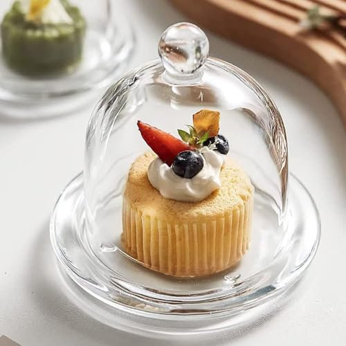 Huiyiwert Cloche à gâteau en verre transparent avec soucoupe pour dessert, cupcakes, biscuits, muffins, fête, mariage, anniversaire (9,5 cm de diamètre)