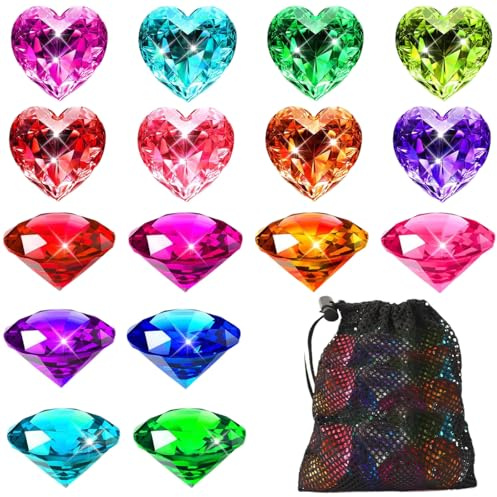 Gioielli Subacquei per Piscina, 16 Pezzi 4cm Giocattolo da Gemme da Immersione per Bambini, Gemme Colorate di Diamante e Cuore, Giochi Sott'acqua Estivo para Piscina, Búsqueda del Tesoro (Colorate-A)