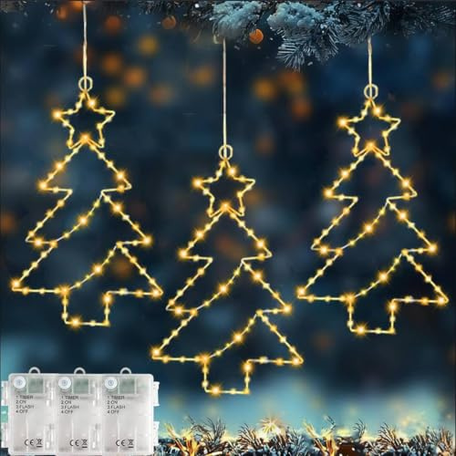 Redefun Catena luminosa natalizia per finestre, 3 pezzi, a forma di stella, alimentata a batteria, 8 modalità di illuminazione natalizia con timer per interni ed esterni, decorazione (bianco caldo)