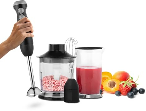 Wintem - Frullatore a Immersione 4 in 1 con Lama Inox Ultra Resistente, Accessori Inclusi per Tritare, Montare e Miscelare, Ideale per Smoothie, Zuppe e Salse Cremose