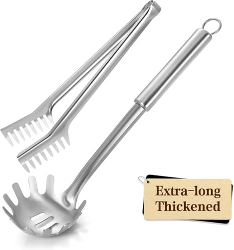 Pleafind Cuchara y tenedor para espaguetis de acero inoxidable - 30 cm extra gruesos, con revestimiento antiadherente, fáciles de guardar y aptos para el lavavajillas, diseño ergonómico.