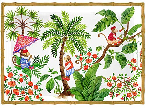 Les Jardins de la Comtesse - Grand Plateau Rectangulaire en Mélamine - Singes de Bali - 50 cm - Rouge corail Vert - Plateau de Service Collection Vaisselle Quasi-Incassable MelARTmine