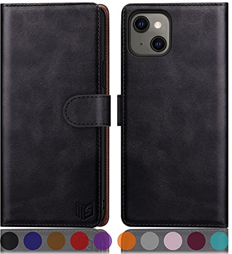 SUANPOT [RFID Schutz für iPhone 13 5G 6,1-Zoll Hülle PU Leder Handyhülle Lederhülle Klapphülle Kartenfach Flip Cover für Apple 13 Handy hülle Leather Wallet Phone Case Schwarz