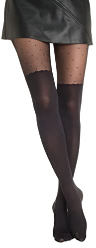 Gi&Gi Collants Fantaisie Femme, Noir, Motif Cœur Mock Over-Knee, Nylon, Semi-Transparent et Opaque, Style Élégant