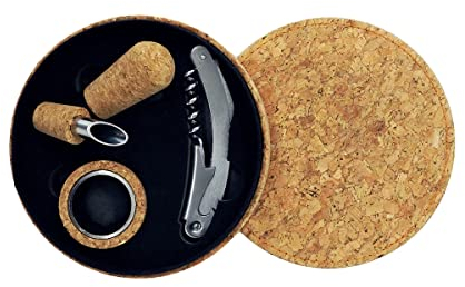 FACKELMANN 49814 - Estuche para botella de vino (3 piezas, tirador, tapón de vino, collar antigoteo, caja de vino tinto, caja de regalo, idea de regalo, corcho, acero inoxidable, diámetro: 14,8 cm)