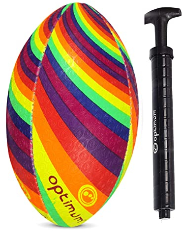 Optimum Regenbogen Twster Rugbyball – Größe 4 – mit Pumpe