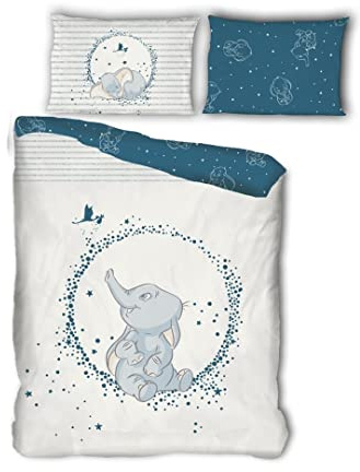 Parure de lit réversible Disney Dumbo - Blanc et Bleu - 100 cm x 140 cm