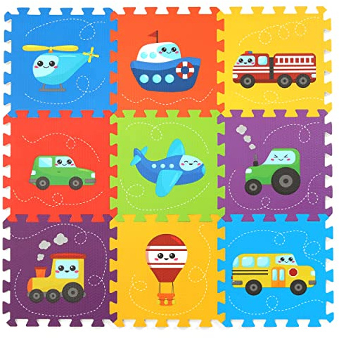 PLAY 10 Baby Play Mat, Foam Playmat for Babies, Kids Play Mat, Foam Floor Tiles 34×34 9 Pieces Vehicle Puzzle Mat
