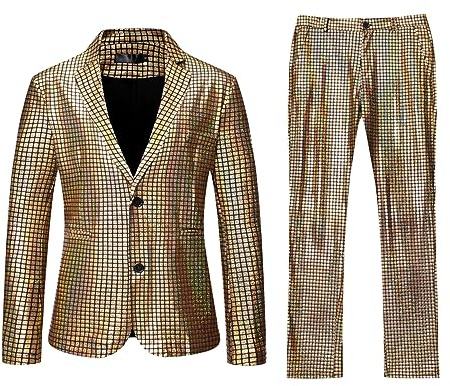 Ensemble Deux Pièces à Paillettes Pour Homme - Couleur Unie - Coupe Ajustée - Veste de Costume et de Loisirs - Veste de Sport - Or, L