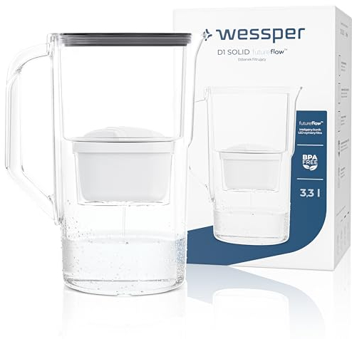 Wessper Jarra de agua de 3,3 litros, con contador LED, jarra filtro de agua con filtro, filtros para agua con cartucho de carbón activo, reduce la cal y el cloro, sin BPA – Negro