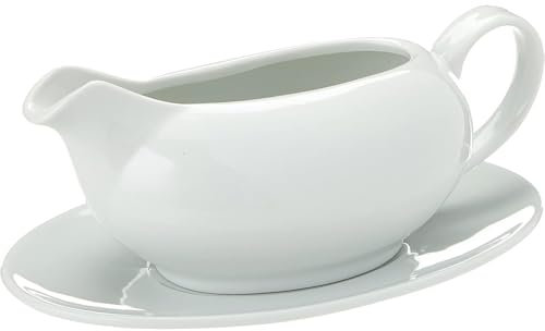 White Ceramic Gravy Boat with Handle and Saucer 550ml Classic Porcelain Sauce Server for Christmas, Holiday Dinners, Tableware Sauce Jug Serving, Family Gatherings Sold by Zinnia