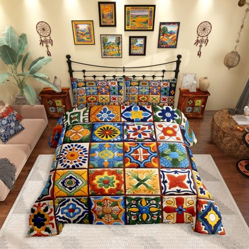 Erosebridal Mexican Talavera Tile Comforter Set King Size,Exotic Ethnic Boho Style Bedding Set for Kids Adults Room Decor,Colorful Bohemian Quilt Bed Set Geometric Flower Down Comforter 3Pcs
