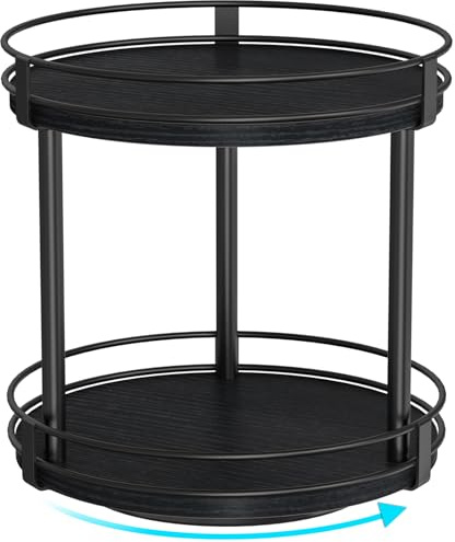 Snughome Lazy Susan Spice Rack, 2 Tier Rotating Spice Rack, Wood Lazy Susan Organizer for Cabinet, Black Kitchen Counter Shelf, 10.2 x 10.2 x 10.4