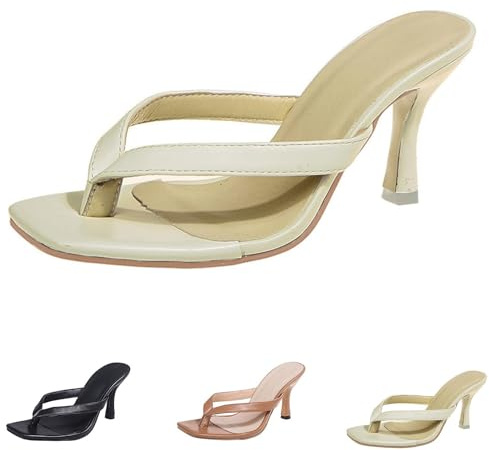 Momolaa Kitten Heels Flip Flops Women's T Strap Mules Thong Slip on Heeled Sandals Slide Kitten Heel Square Toe Thong Heeled Sandals UK 6#1#_White