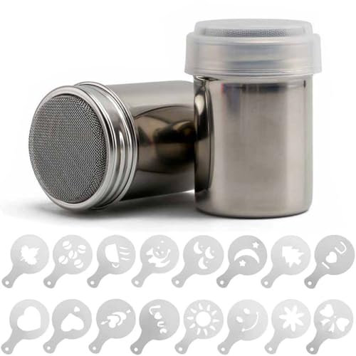 2 Stück Puderzuckerstreuer, Edelstahl Streuer Mehlstreuer, Puderzuckerstreuer Mit Puderzuckermühle Deckel, Kakaostreuer Für Cappuccino Kaffee Zubehör, Staubzuckerstreuer Mit 16 Druckformen