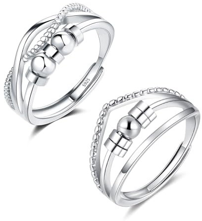 Glintara Anxiety Ring Silber 925 Damen, 2PCS Offen Einstellbar Anti Stressringe Set mit 5 Perlen, 925 Sterling Silber Angst Rings Unisex Spinner Fidget Ringe, Verstellbar Stimmungsring gegen Stress