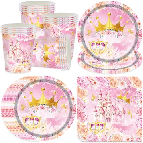 Bikasun slott prinsessa festservis set, glitter rosa födelsedag dekoration för barnkalas, papperstallrikar pappersmuggar servetter för 16 gäster, prinsessa slott tema