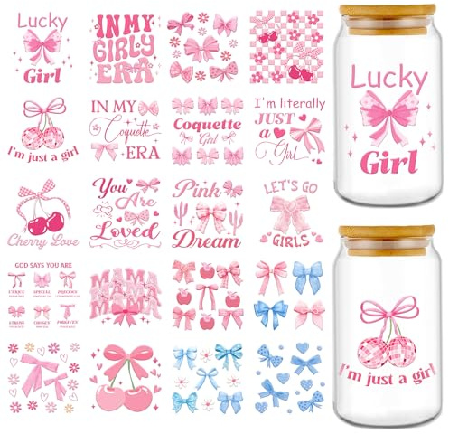 Eiapadeor Rub on Transfer Stickers, 20Pcs Coquete Pink Bow UV DTF Cup Wraps | waterproof, pink bow aesthetic, for glass cups, mugs, tumblers, for DIY transfer crafts