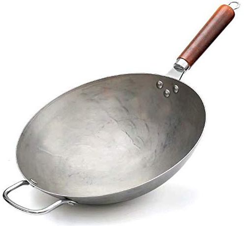 WOTZOV Wok Antiadherente de Hierro Puro sin Revestimiento, sartén de Hierro Forjado a Mano, Olla de Hierro Estilo Chino, Cocina de Gas, Mango de Madera de 36 cm
