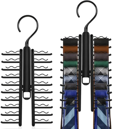 Krawattenhalter für den Schrank, 2 Stück – Verstellbarer Krawattenbügel mit rutschfesten Clips, für bis zu 20 Krawatten, 360° drehbar, platzsparender Organizer für Krawatten, Gürtel & Schals