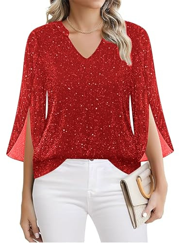 Haut Paillettes Femme Soirée Tenue de Soiree Femme Grande Taille Débardeur Haut Brillant Casual Loose Top Transparent Chemise Party Club Tenue Fete Sequins Noël Tee Shirt Vetement 2#Rouge L