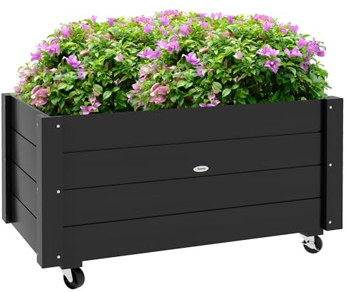 Outsunny Jardinera de Madera con Ruedas, Huerto Urbano para Cultivar Plantas, Macetero Exterior con Orificios de Drenaje y Tela no Tejida, para Jardin, Terraza, Balcón y Patio, 89x48x47 cm, Negro