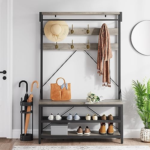 Garvee Étagère de Rangement pour Chaussures, Meuble d’Entrée avec Banc, Porte-Manteaux avec 8 Crochets et Étagère, 102 x 40 x 183cm, Vestiaire, pour Couloir, Chambre, Style Industriel, Gris