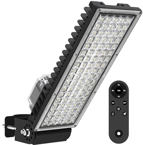 POWFUL Foco LED de 100 W para exterior con sensores crepusculares y mando a distancia, 14.000 lm, luz de inundación hasta el amanecer, 6500 K, luz blanca fría, luz de calle, IP67, resistente al agua
