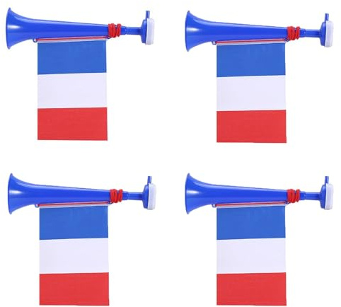 Blissbuilt 4 st Vuvuzela trumpeter i plast mycket bullriga trumpet stadion horn med avtagbar flagga uppmuntrande tillbehör för fotbollsmatch, fest, sportevenemang