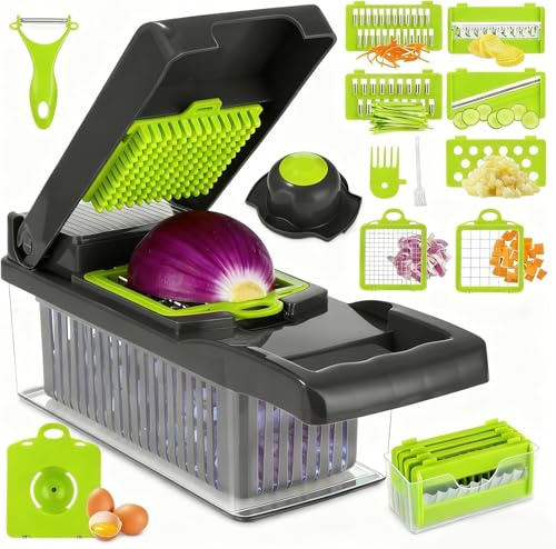 Verdure Multifunzione,16 in 1 Tagliaverdure Manuale Tagliaverdure multifunzione Mandolina per Verdure con 7 Lame Regolabili Affettaverdure da Cucina Professionale per Cavolo Carote Patate Pomodori