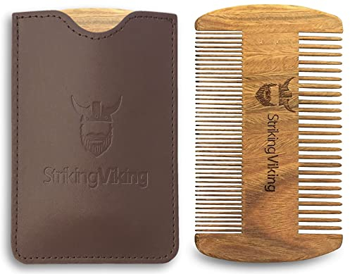 Striking Viking Sandalwood Beard Comb & Case - Pocket-Sized Grooming Tool with Fine & Coarse Teeth, Perfect for Use with Balms & Oils